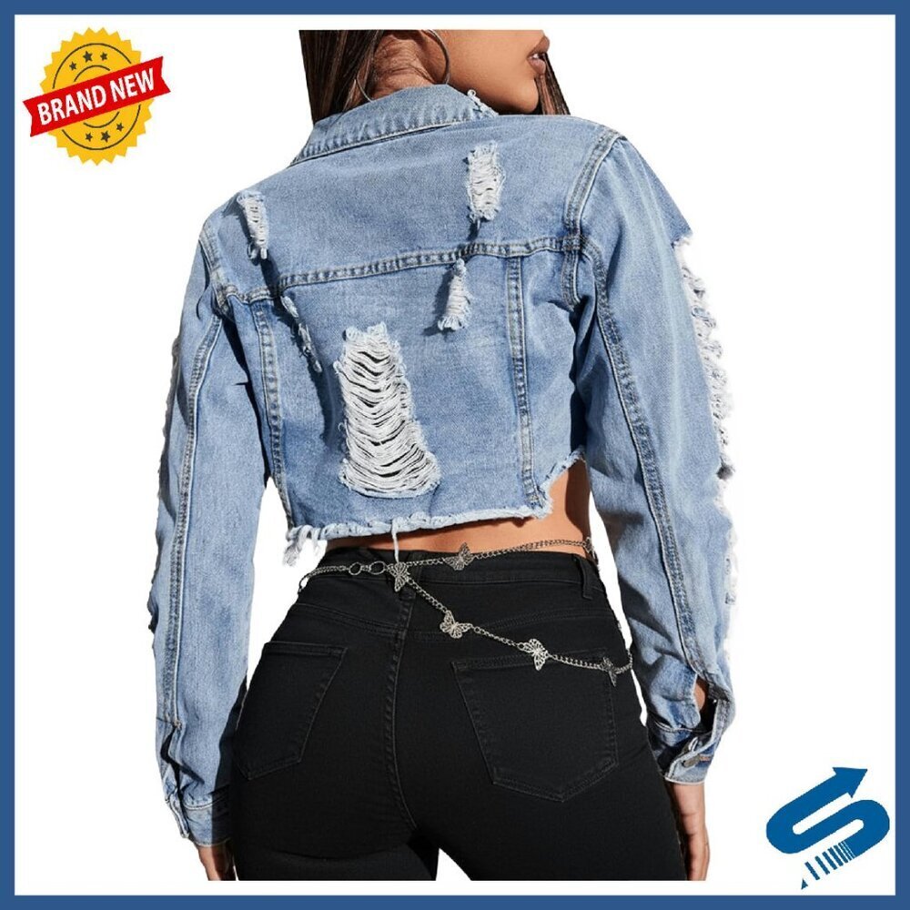 Ripped Raw Hem Cropped Denim Jacket Distressed Frayed Long Sleeve